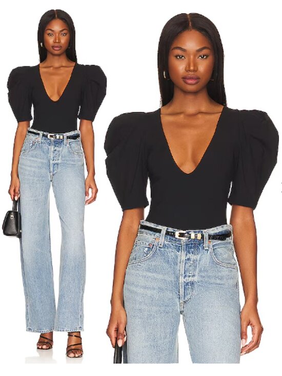 Free People Tops - Free People Va Va Voop Duo Bodysuit Puff Sleeve Black Thong Size S